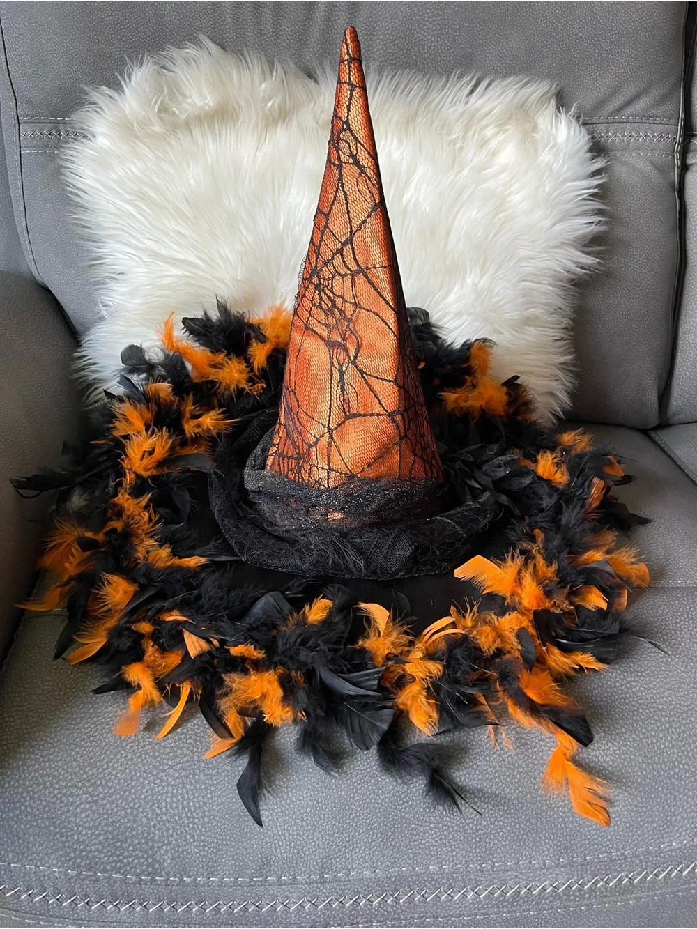 ADORABLE…Halloween Witch Hat with Black and Orange Feather Boa